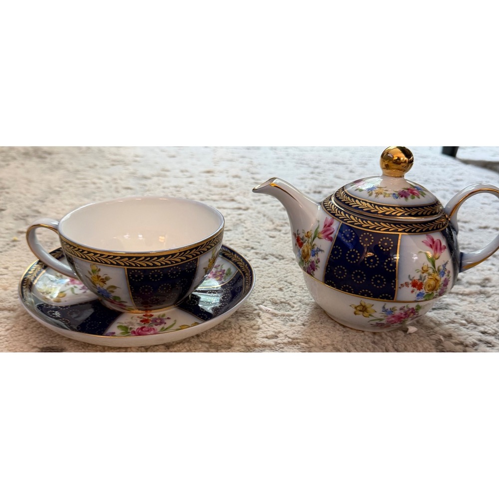 Lillian Vernon Tea for One Set Teapot Cup Saucer Cobalt Blue Floral Gold Trim